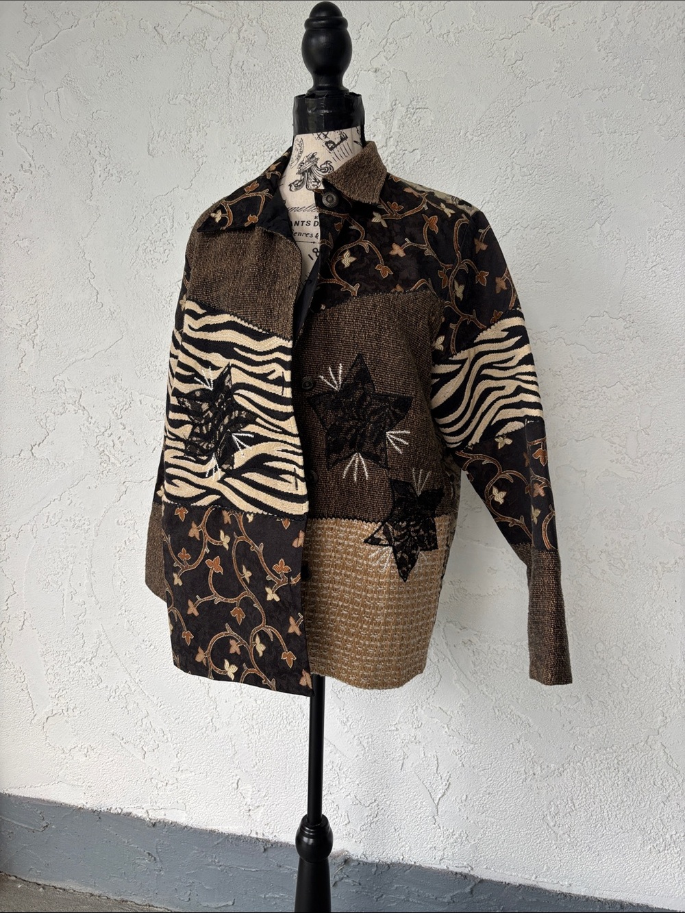 Mixed-Print Patchwork Button-Up Jacket in Black, Cream & Brown